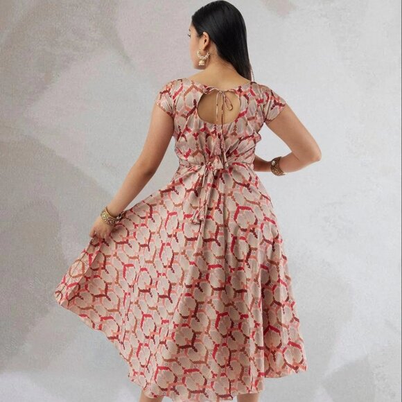Chic Cream and Red Printed Silk Dress for Women | Muvvas Boutique - Picture 4 of 4